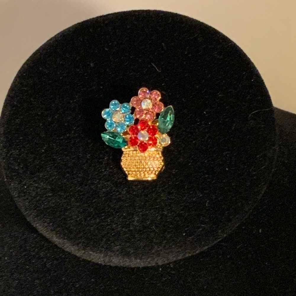 Floral Crystal Basket Brooch Pin Unsigned EUC